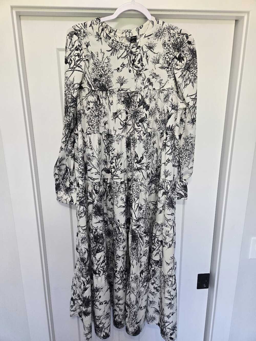 FRIFUL XL Black White Floral Toile Print Tiered Midi Maxi Dress Long Sleeve